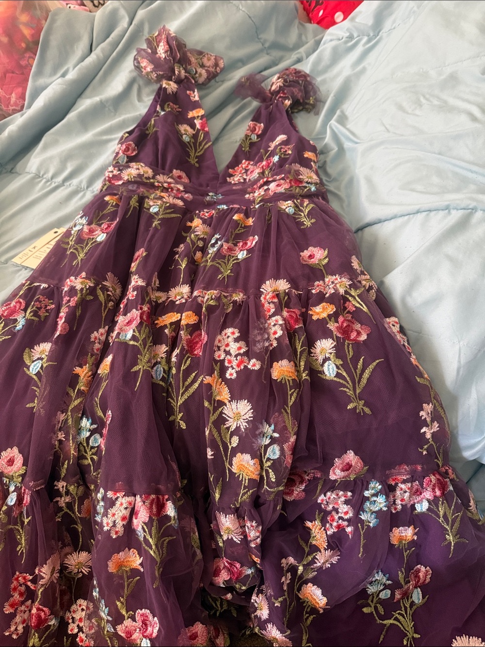 JessaKae Purple Floral Embroidered Tiered Dress